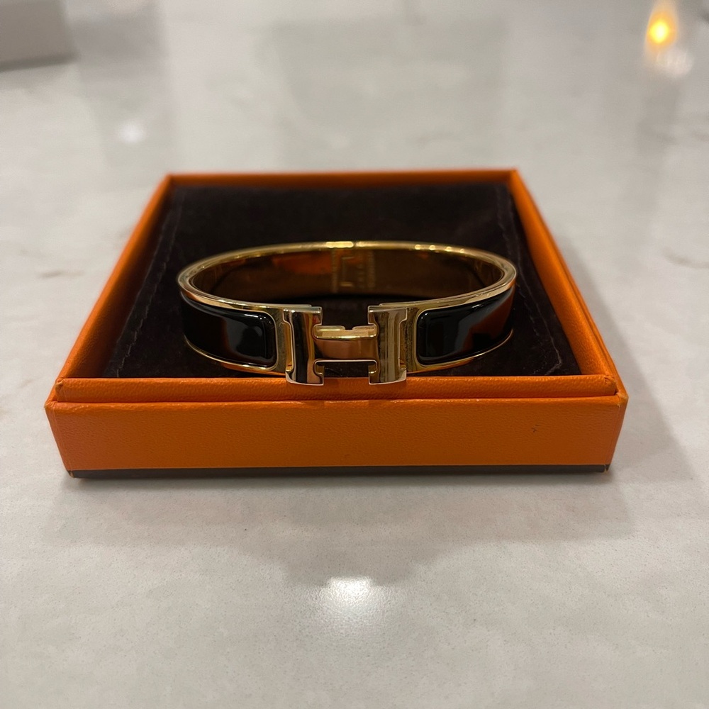 Hermes Black Enamel with Rose Gold Narrow Clic H Bracelet